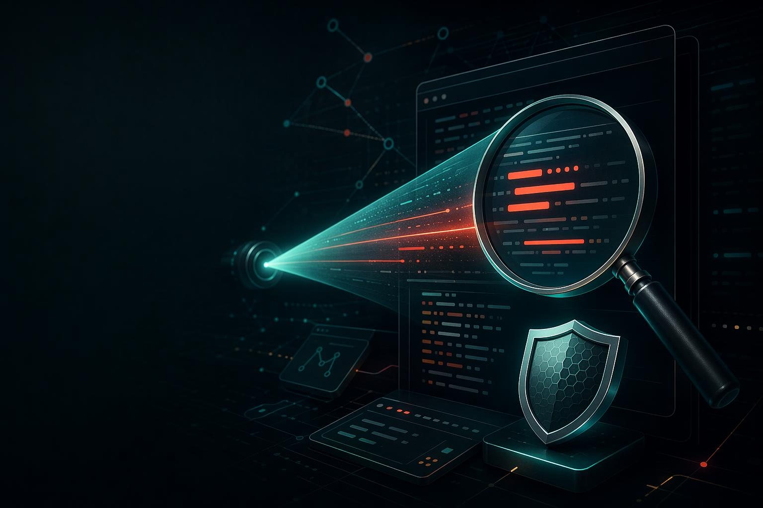 Abstract cybersecurity scanner artwork with code-grid depth, glowing scanner traces, and defensive security motifs.